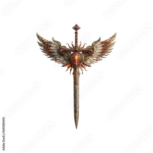 Angelic Sword with Flaming Heart and Wings - Fantasy Weapon Illustration