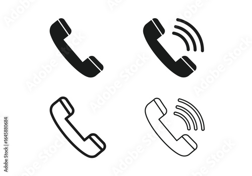 Set of four telephone handset icons, two solid black and two outlined, isolated on white background