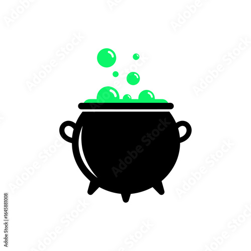 A black cauldron with a green bubbling liquid and rising bubbles, symbolizing magic or a witch's brew.