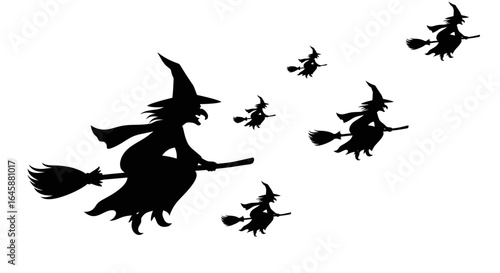 Multiple black silhouettes of witches flying on broomsticks against a stark white background, creating a spooky and magical scene.