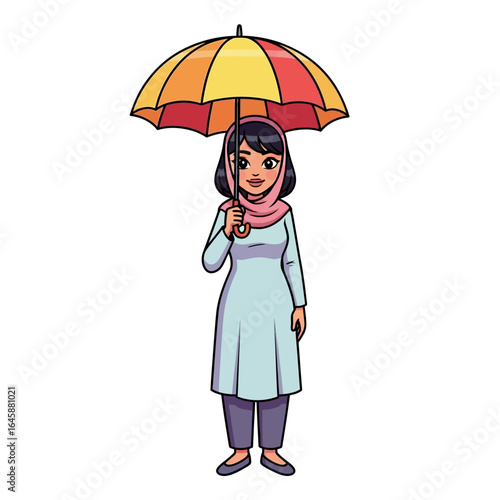 A cheerful cartoon woman wearing a pink hijab and blue tunic, holding a large, colorful red and yellow umbrella.