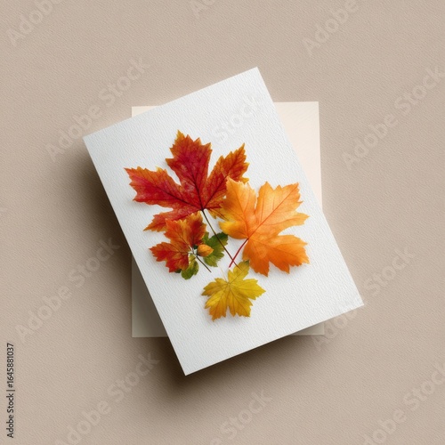 Beautifully Arranged Autumn Leaves on a Card Against a Soft Beige Background for Seasonal Decoration or Greeting
