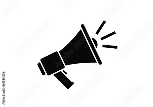 Black silhouette of a megaphone with sound waves emanating from the bell, isolated on white background