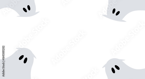 Four cute, minimalist ghosts with black eyes peeking from the corners of a white background.