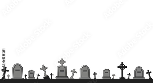 A detailed black and white illustration of a graveyard scene with various tombstones and crosses under a blank sky.
