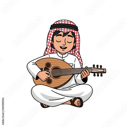Cartoon Arab boy in traditional attire playing a wooden oud with a peaceful expression.