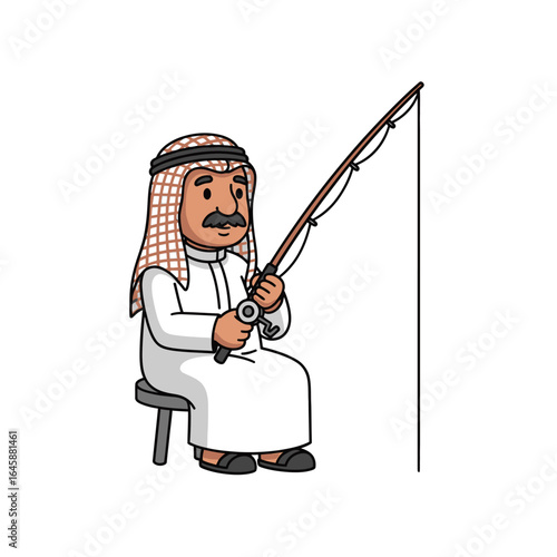 Cartoon Arab man in traditional thobe and checkered ghutra sitting on a stool while fishing.