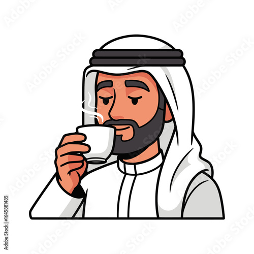Cartoon Arab man with a beard wearing a ghutra, savoring a hot steaming cup of coffee.