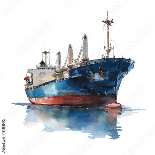 Watercolor vector illustration of Cargo Ship, isolated on white background.