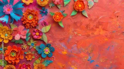 A vibrant painting of colorful paper flowers on a red background
