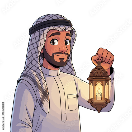 Cartoon of a smiling Arab man in a ghutra and thobe holding a glowing Ramadan fanoos lantern.