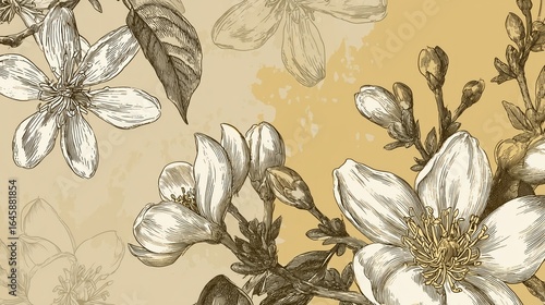 Vintage Floral Botanical Illustration with Jasmine Blossoms and Buds on Beige Background for Design Projects