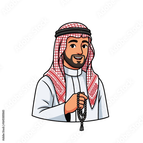 Cartoon of a smiling Arab man in a red ghutra and thobe, holding black prayer beads.