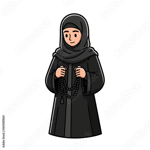 Cartoon of a smiling Muslim woman in a black hijab and abaya holding prayer beads.
