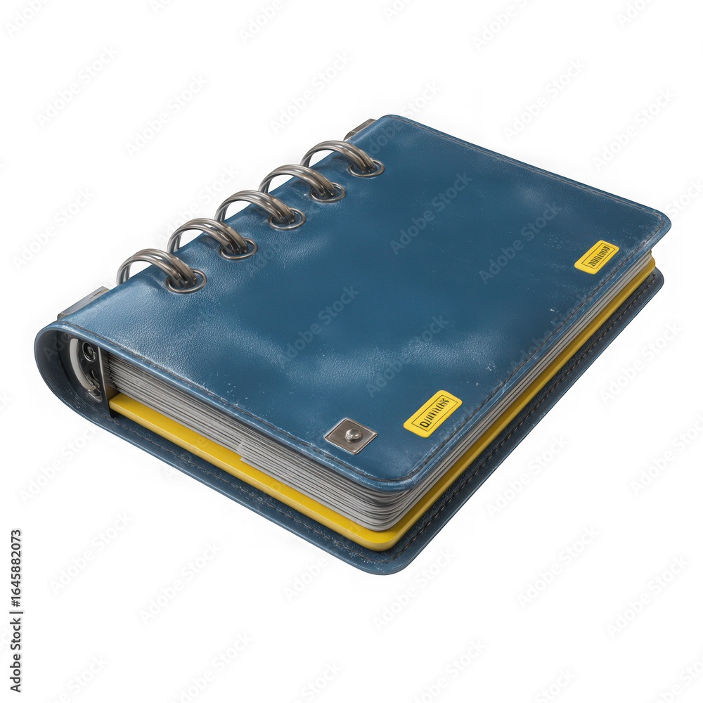 A worn blue notebook with a spiral binding and yellow pages A worn blue notebook with a spiral binding and yellow pages