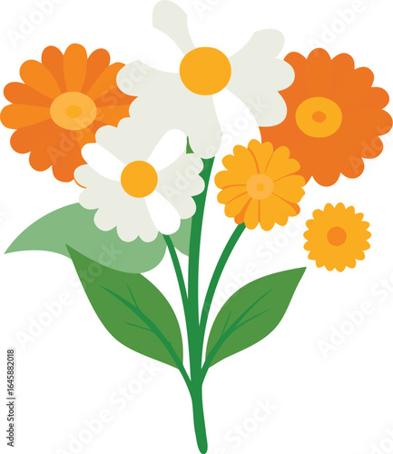 Daisy and Marigold Bright Bouquet on White Background, Fresh Colorful Flowers Arrangement, Floral Decoration, Garden Blooms, Spring Summer Bouquet, Isolated Flowers for Stock Photography