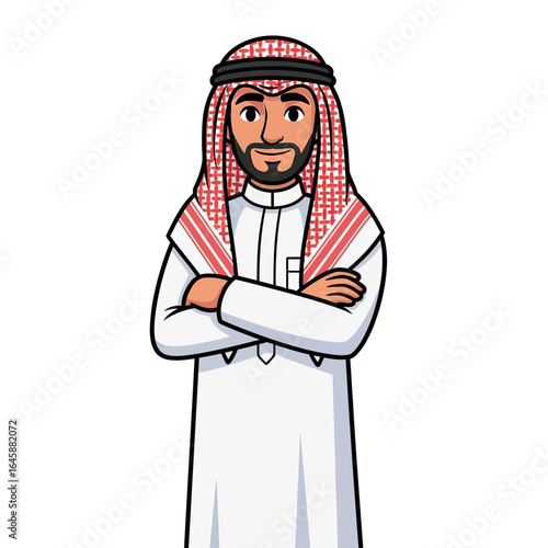 Confident Arab man cartoon character in a white thobe and red ghutra, standing with arms crossed.