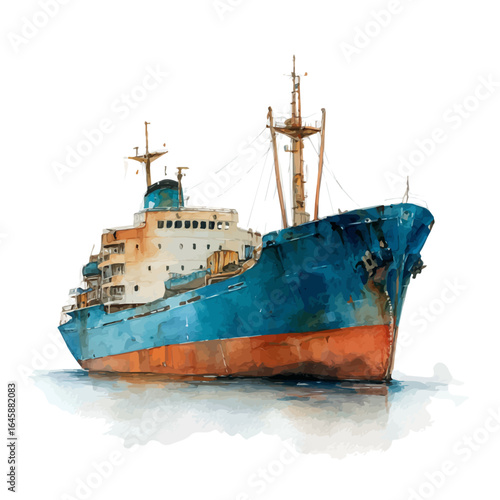Watercolor vector illustration of Cargo Ship, isolated on white background.