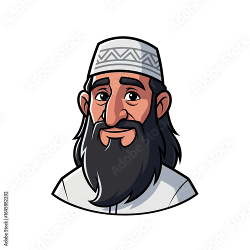 Friendly cartoon man with a long black beard and a patterned white taqiyah cap.