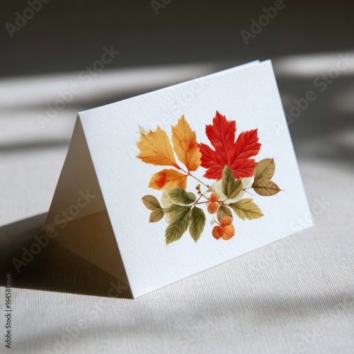 Elegant Autumn Greeting Card Featuring a Beautiful Arrangement of Colorful Leaves and Natural Elements in Soft Light