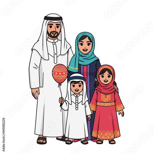 Happy Arab family cartoon illustration in traditional clothing, with a son holding a red balloon.