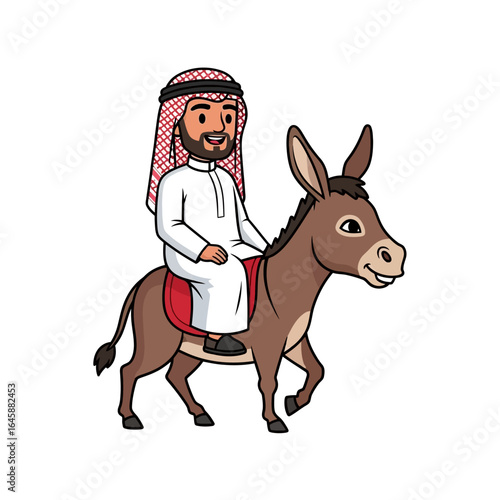 Smiling Arab man in traditional keffiyeh and thobe riding a friendly cartoon donkey.