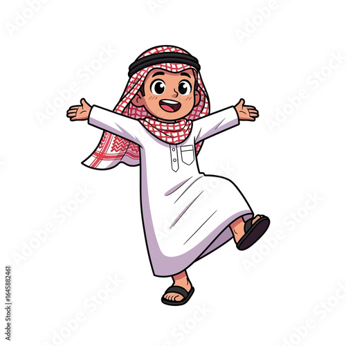 Joyful cartoon Arab boy in traditional white thobe and red keffiyeh with open arms.