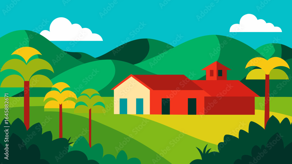 Fototapeta premium Summer rural landscape with houses, green hills, and trees in a cartoon vector illustration