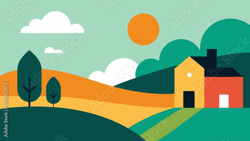 Vector illustration of a rural village landscape with houses, trees, and mountains under a summer sky