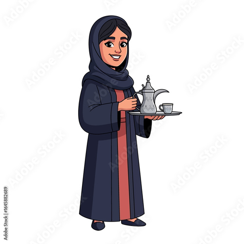 Smiling Arab woman in a traditional abaya and hijab serving coffee from a dallah pot on a silver tray.