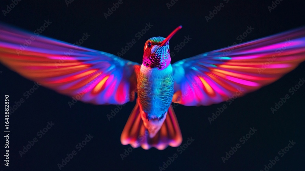 Obraz premium Colorful hummingbird flapping its wings captured in a high-speed motion against a dark background
