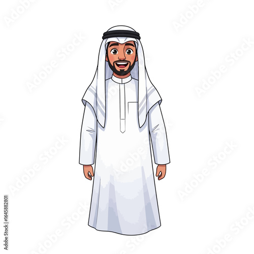 Smiling Cartoon Arab Man in Traditional White Thobe and Ghutra with Black Agal