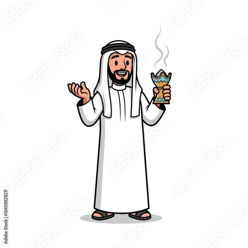 Smiling cartoon Arab man in traditional thobe and ghutra holding a smoking mabkhara.