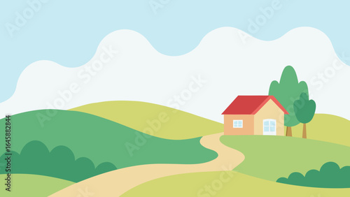 Cartoon illustration of a rural village landscape with houses in the mountains, a green field, and a tree under a bright summer sky