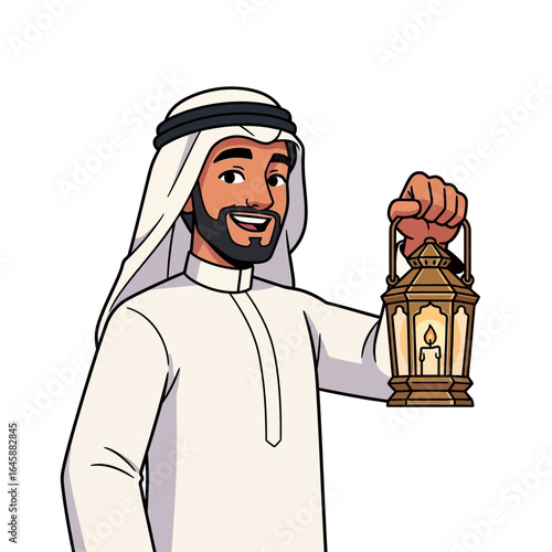 Smiling cartoon Arab man in traditional white thobe holding a glowing fanous lantern.