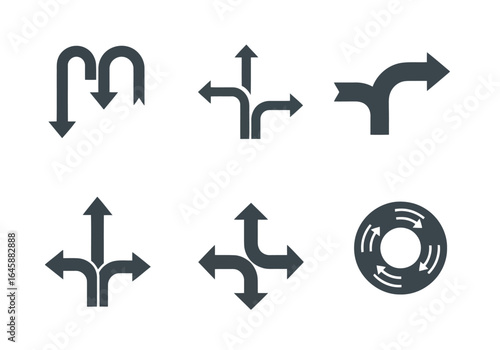 Collection of dark gray arrows showing turns, splits, and circular movement