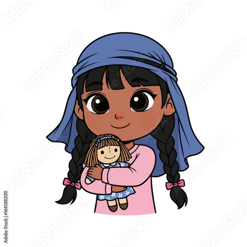 Smiling cartoon girl with braided hair and a blue headscarf, lovingly hugging a small rag doll.