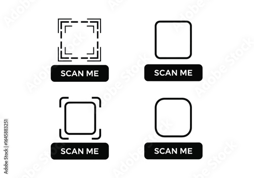 Four black and white icons with scan me buttons and qr code elements