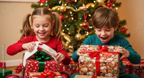 Two children opening Christmas presents in front of a decorated Christmas tree.