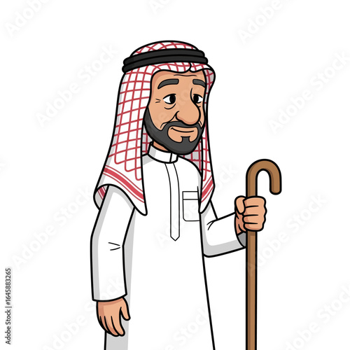 Wise elderly Arab man cartoon character in traditional white thobe and red ghutra, holding a wooden staff.