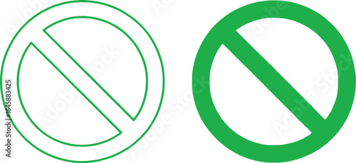 Two green prohibition signs one outlined and one solid indicating restriction or denial on a white background