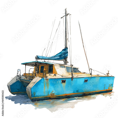 Watercolor vector illustration of Catamaran, isolated on white background.