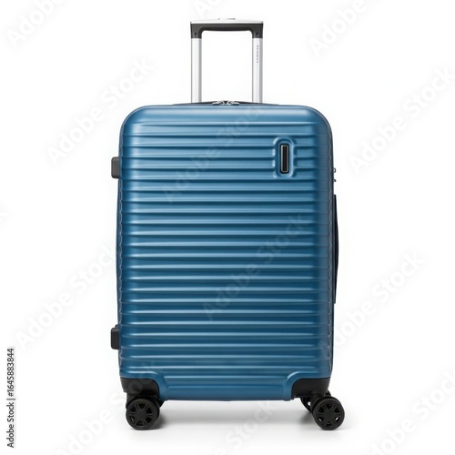 Blue hardshell rolling suitcase with telescopic handle isolated on white background
