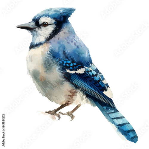 Watercolor vector illustration of Blue Jay, isolated on white background.