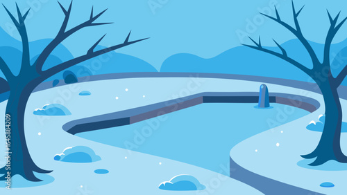 A cold winter landscape illustration with snow, trees, and mountains under a cloudy sky
