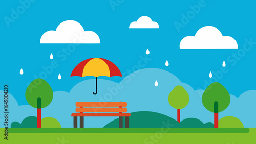 Vector illustration of a summer landscape with an umbrella protecting from the sun and clouds in the blue sky