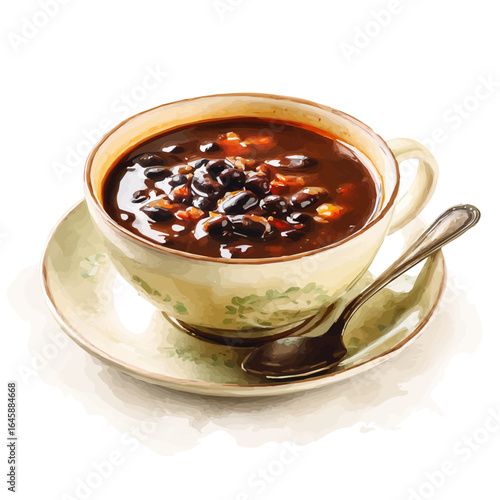 A watercolor painting of Black Bean Soup, vector illustration on white background.