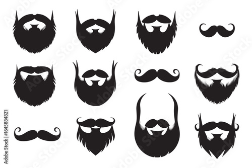 A collection of diverse beard styles and mustache designs in black and white illustration