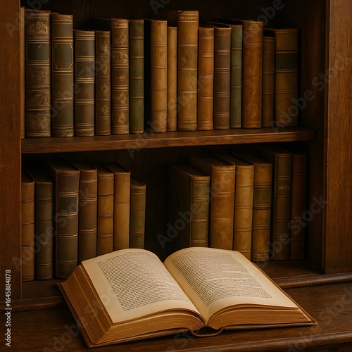 Antique library shelf with classic books and open book