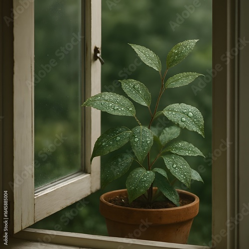 Potted plant by window with raindrops